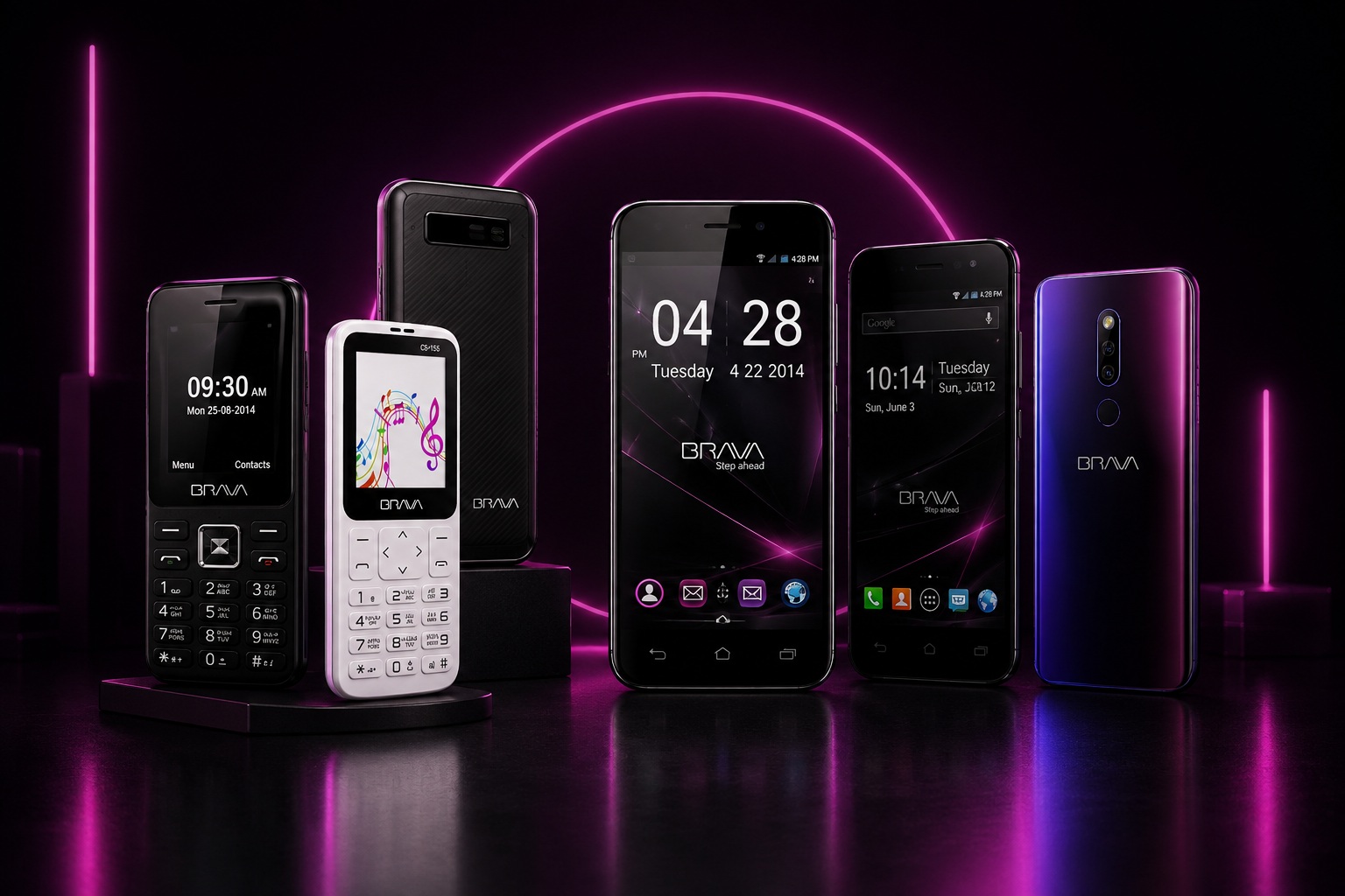A selection of Brava phones across different eras